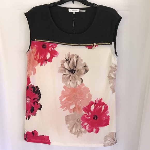 Calvin Klein Tops - *SOLD* Calvin Klein Zippered Top Blk/Crm Floral Lg